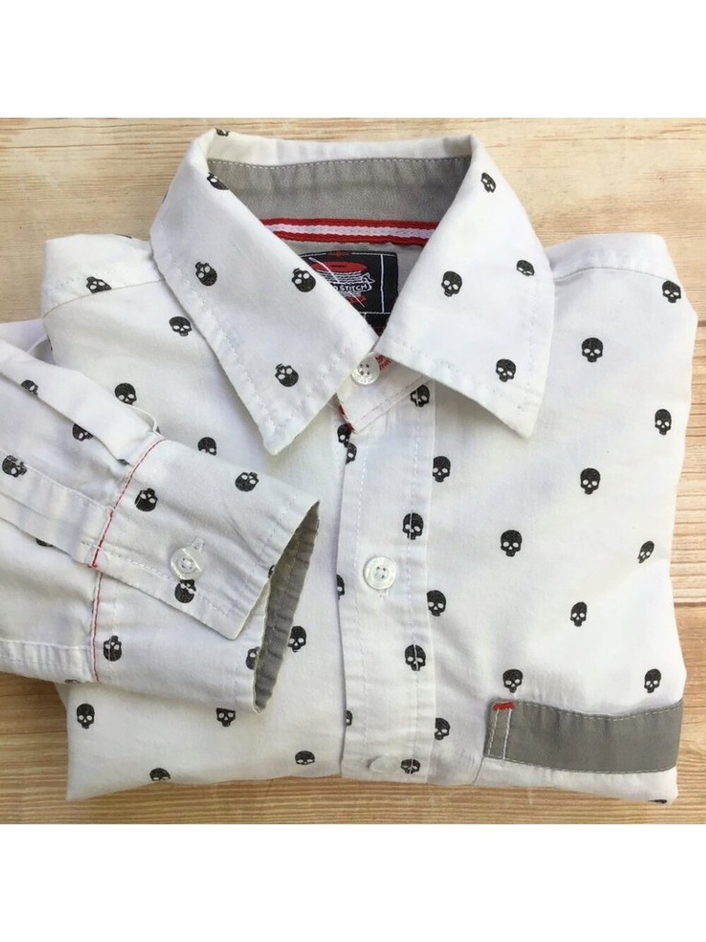 Retro Stitch Skull Button Up Shirt Men's M White Black Cotton Blend